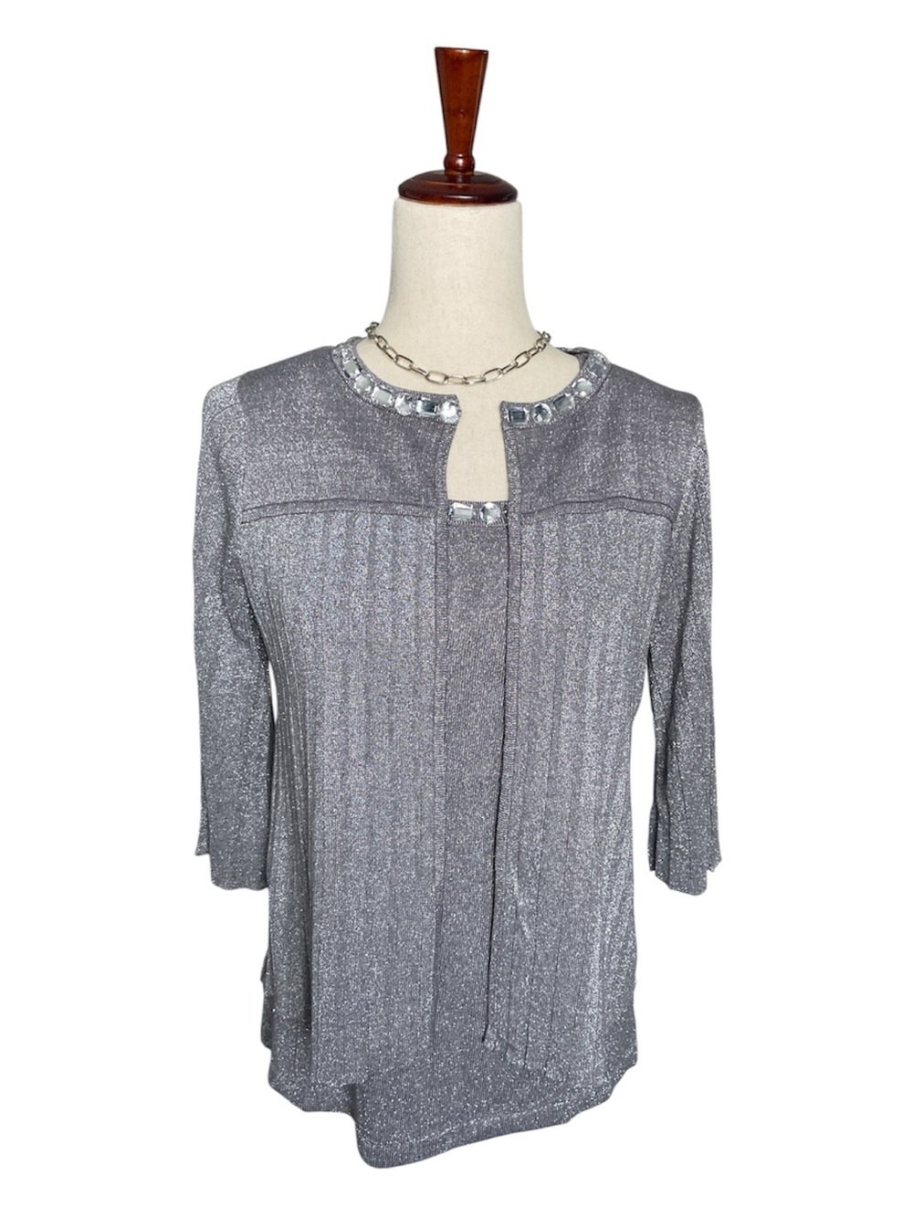 WD.NY Silver Metallic Embellished Tunic Top 2 piece Set M Like New